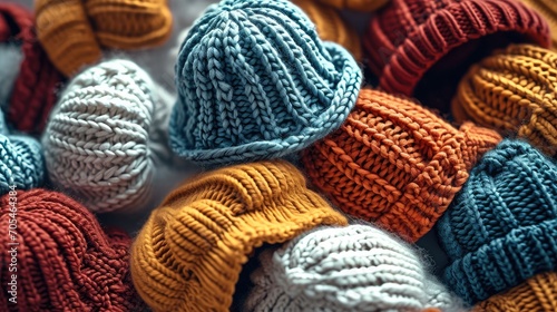 A various knitted miniature winter caps. Generative AI.