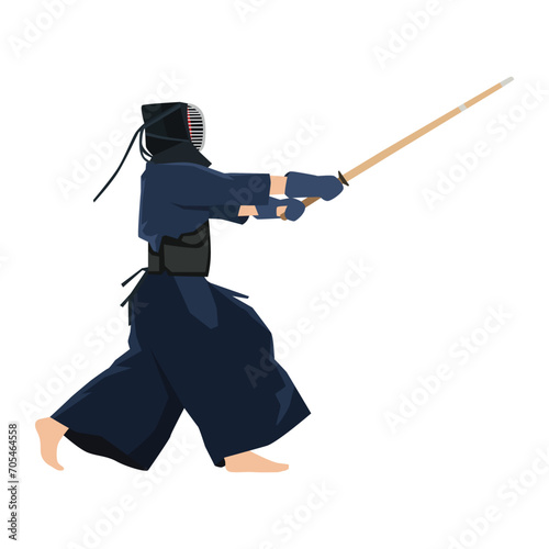 Kendo fighter with protective clothing and mask. Kendo sport martial discipline training. Traditional combat skill from Japan. Japanese culture. Flat vector illustration isolated on white background