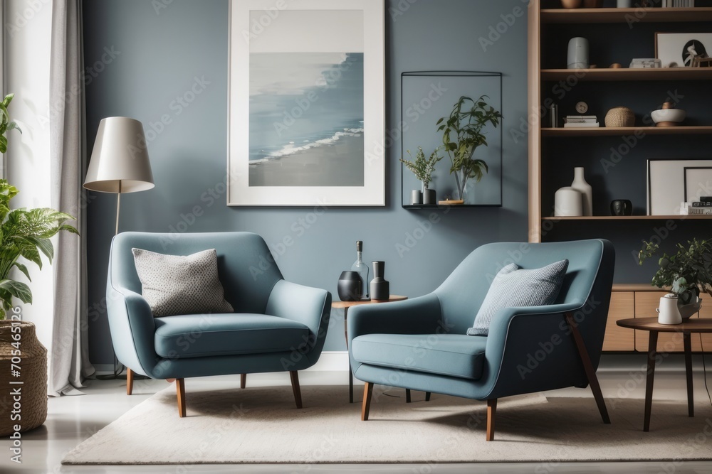 Scandinavian interior home design of modern living room with blue chairs or sofas in a room with large framed posters and decorative bookshelves