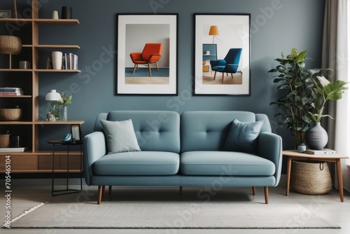 Scandinavian interior home design of modern living room with blue chairs or sofas in a room with large framed posters and decorative bookshelves