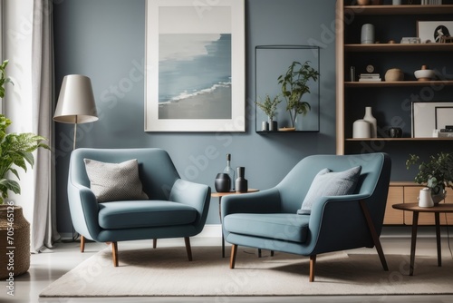 Scandinavian interior home design of modern living room with blue chairs or sofas in a room with large framed posters and decorative bookshelves