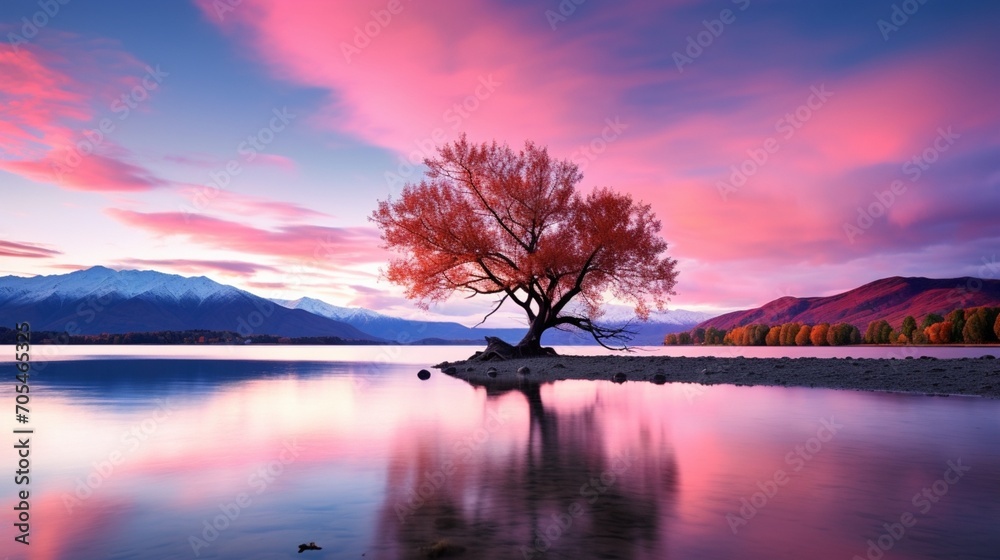 Dawn at That Wanaka Tree at Lake Wanaka In New Zealand