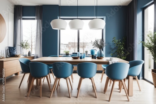 Scandinavian interior home design of modern dining room with blue chairs and wooden dining table with blue walls and windows