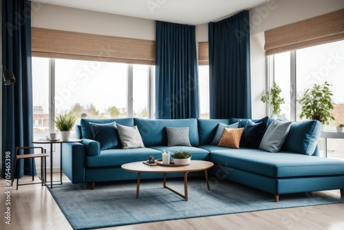 Interior home design of modern living room with blue sofa in a room with windows and curtains © Basileus