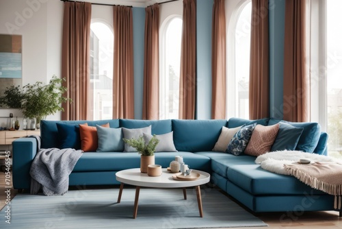 Interior home design of modern living room with blue sofa in a room with windows and curtains