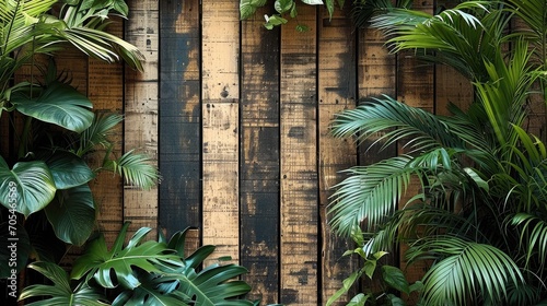 Rustic wooden background with a Jungle theme and many wooden slats. Generative AI. photo