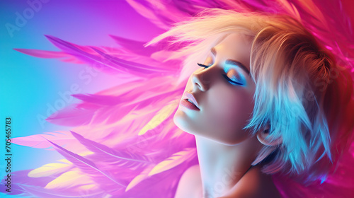 Artistic portrait of a woman with colorful neon feathers 