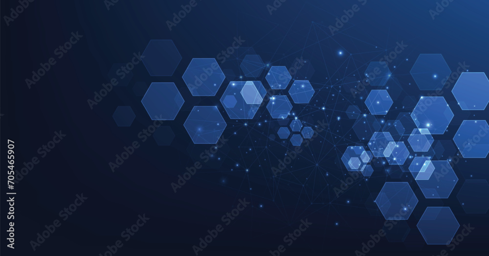 Vector hexagon technology background. Abstract hexagons background with lines and dots. Design for science, medicine, or technology. - obrazy, fototapety, plakaty 