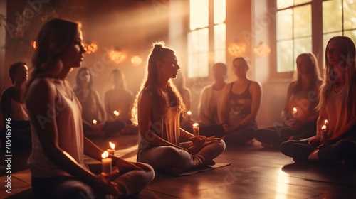 Group of diverse women meditating in a circle with candles photo