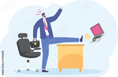 Angry businessman punching computer,

