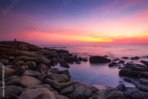 Beautiful scenery of sunset and rocks at Lan Hin Khao Beach in Rayong province  Thailand
