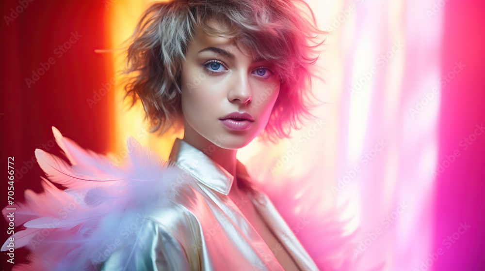 Fototapeta premium Artistic portrait of a woman with colorful neon feathers 
