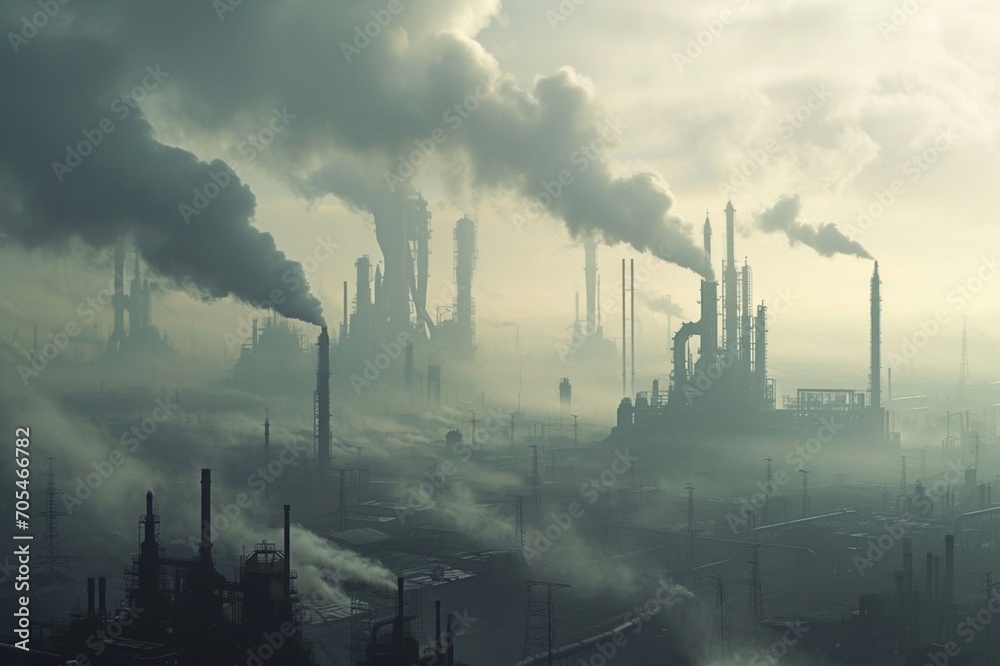 : A futuristic metropolis engulfed in thick smog, with towering industrial structures spewing toxic fumes into the overcast sky, creating an unsettling blend of artificial and polluted nature.