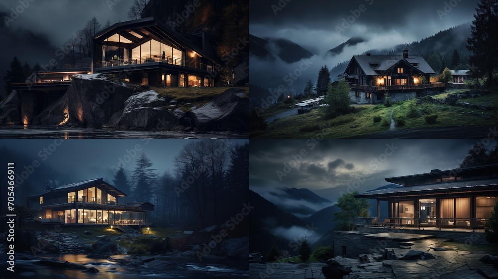 Modern mountain cabin exterior designs with beautiful night views