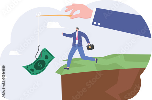 Huge hands holding banknote hung on a fish hook money trap,


