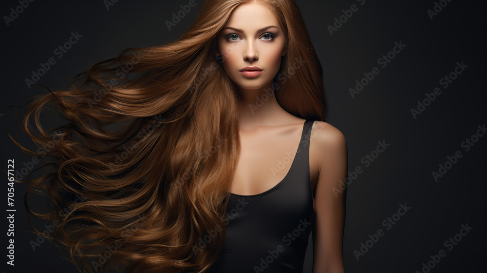 Elegant brunette with long flowing hair posing serenely
Elegant brunette with long flowing hair posing serenely