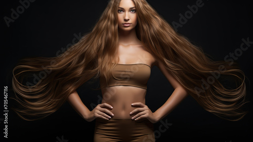 Stunning Woman With Flowing Auburn Hair Posing in Studio Against a Dark Background