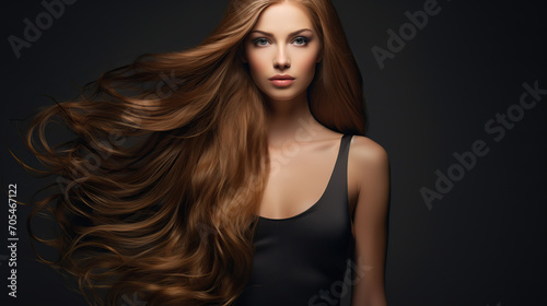 Elegant brunette with long flowing hair posing serenely 