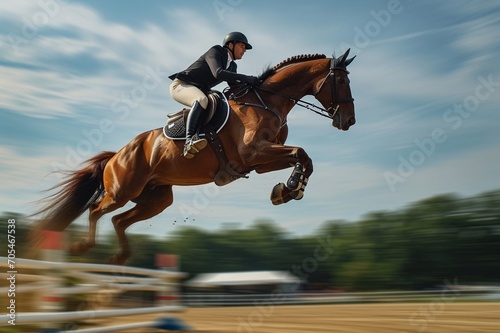 : A horse clearing a jump during a show jumping event, captured in mid-air with all four hooves off the ground. The arena surroundings are blurred, emphasizing the grace and power of 