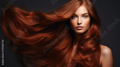 Elegant redhead with voluminous, flowing hair and fair skin