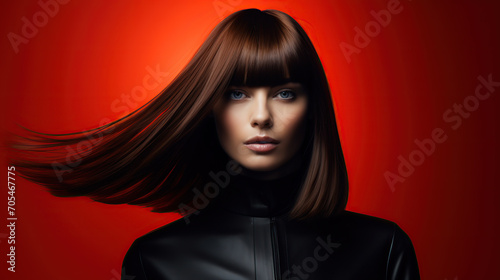 Elegant brunette with long flowing hair posing serenely
