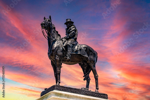 Monument of the 18th U.S. President Ulysses S. Grant  at sunrise or sunset which is located in the vicinity of the capitol in Washington DC  USA.