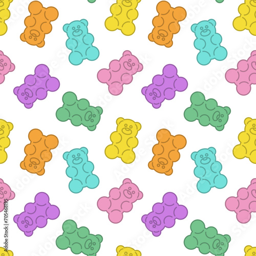 Colorful gummy jelly bears, vector seamless pattern. Cartoon illustration in white background