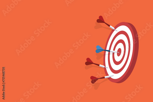 Red darts missed hitting target and only blue one hits the center. Business challenge failure and success concept.