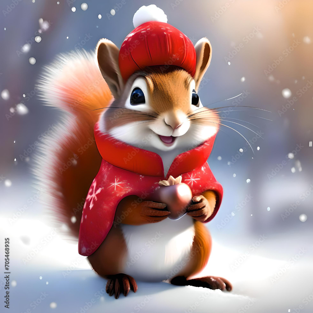 A happy squirrel wearing a red cloak holds an acorn in the snow to celebrate the new year.