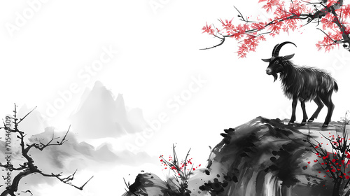 Simple Goat Chinese Zodiac Animal Illustration in Traditional Ink Painting Style. Black and White Gold Theme Color