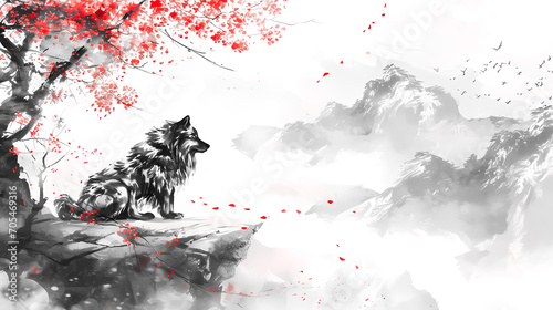 Simple Dog Chinese Zodiac Animal Illustration in Traditional Ink Painting Style. Black and White Gold Theme Color