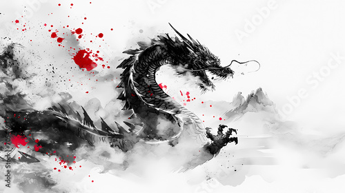 Simple Dragon Chinese Zodiac Animal Illustration in Traditional Ink Painting Style. Black and White Gold Theme Color