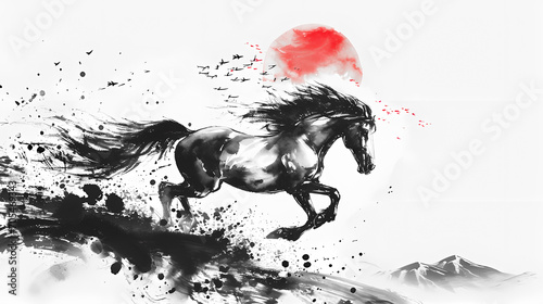 Simple Horse Chinese Zodiac Animal Illustration in Traditional Ink Painting Style. Black and White Gold Theme Color