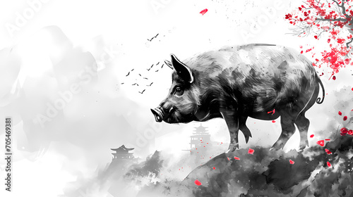 Simple Pig Chinese Zodiac Animal Illustration in Traditional Ink Painting Style. Black and White Gold Theme Color