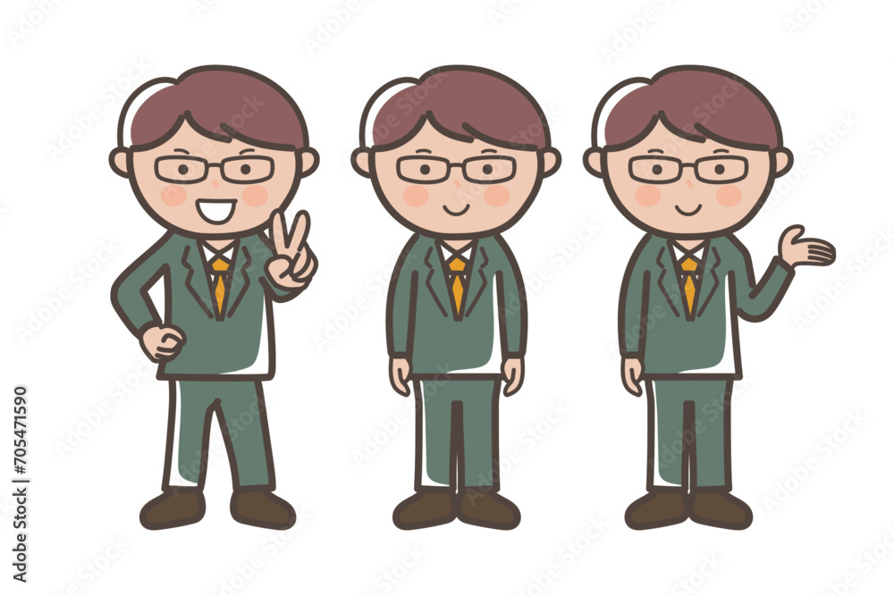 エリート風ビジネスマンの3ポーズセット_ピース_案内_説明