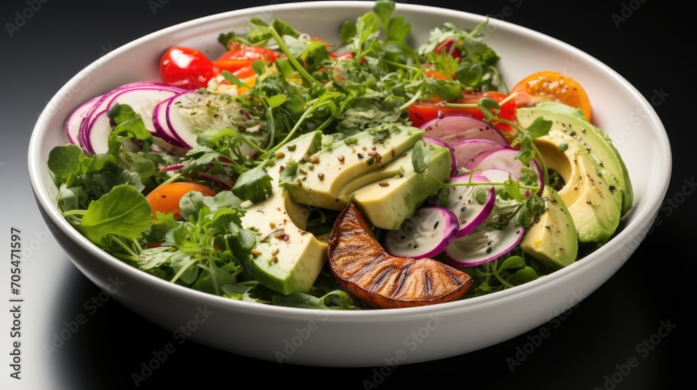 Rainbow vegan salad with arugula, potatoes, radishes, dressing and cucumber Rainbow vegan salad with arugula, potatoes, radishes, dressing and cucumber