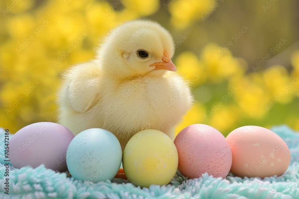 Spring chickens are hatching eggs in the nest,outside world is in a beautiful spring. Happy Easter