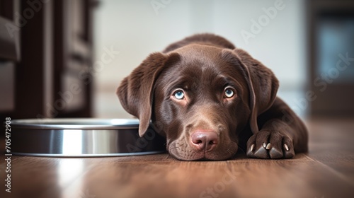 A chocolate Labrador Retriever dog lying next to an empty food bowl 