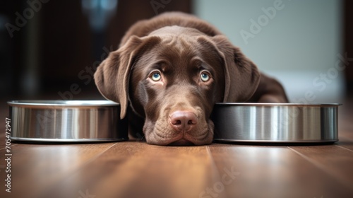 A chocolate Labrador Retriever dog lying next to an empty food bowl 