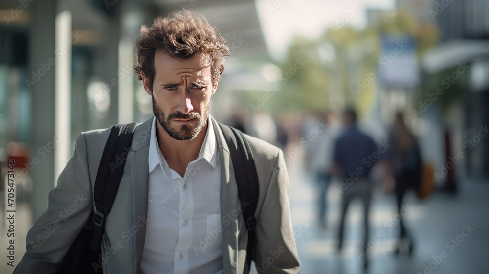 A man is walking with a sad expression on his face because he lost his job. A man is walking with a sad expression on his face because he lost his job.