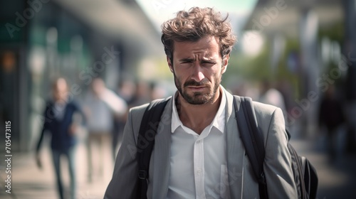 A man is walking with a sad expression on his face because he lost his job. 