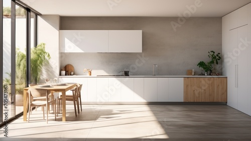  a modern kitchen with white walls, concrete floor,  © CStock