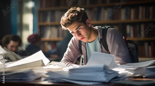  worried high school student looking at his test paper before starting during an exam. photo