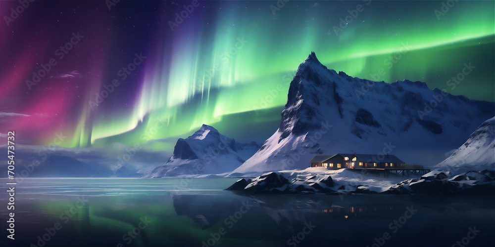house in the night in northern with aurora borealis