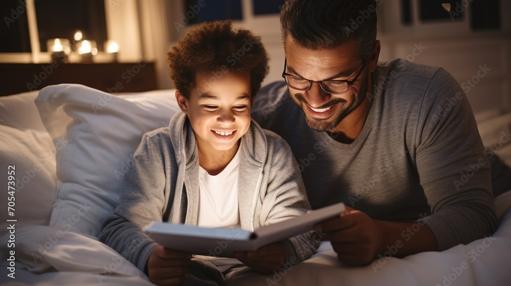 Father and son reading a book together in bed Father and son reading a book together in bed