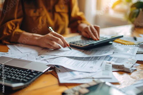 Female accountant working and calculating about finance document report on desk at home office photo