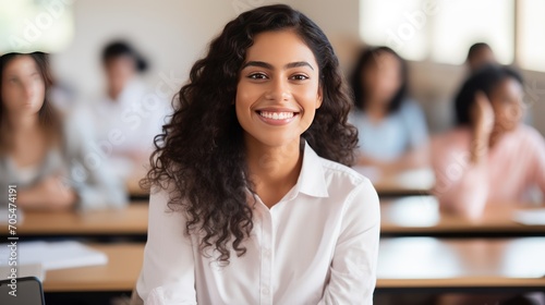 Beautiful young Hispanic female medical student smiles 