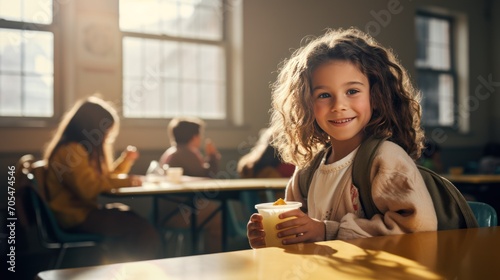 Caucasian girl eating lunch in classroom  photo
