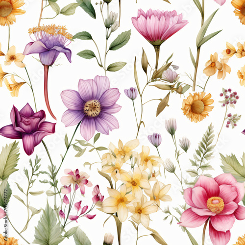 Seamless pattern of Asian flowers, watercolor, Wrapping paper pattern