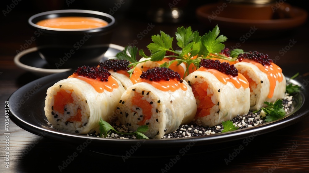 sushi Rolls of salmon and caviar served on a plate sushi Rolls of salmon and caviar served on a plate